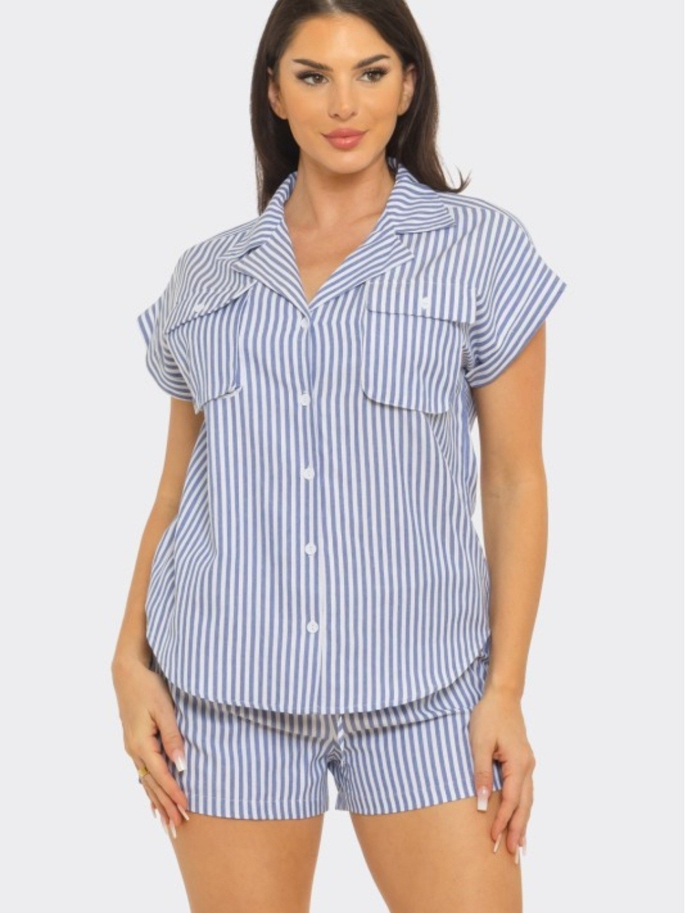 Striped Blue Short Set - Women's Two-Piece